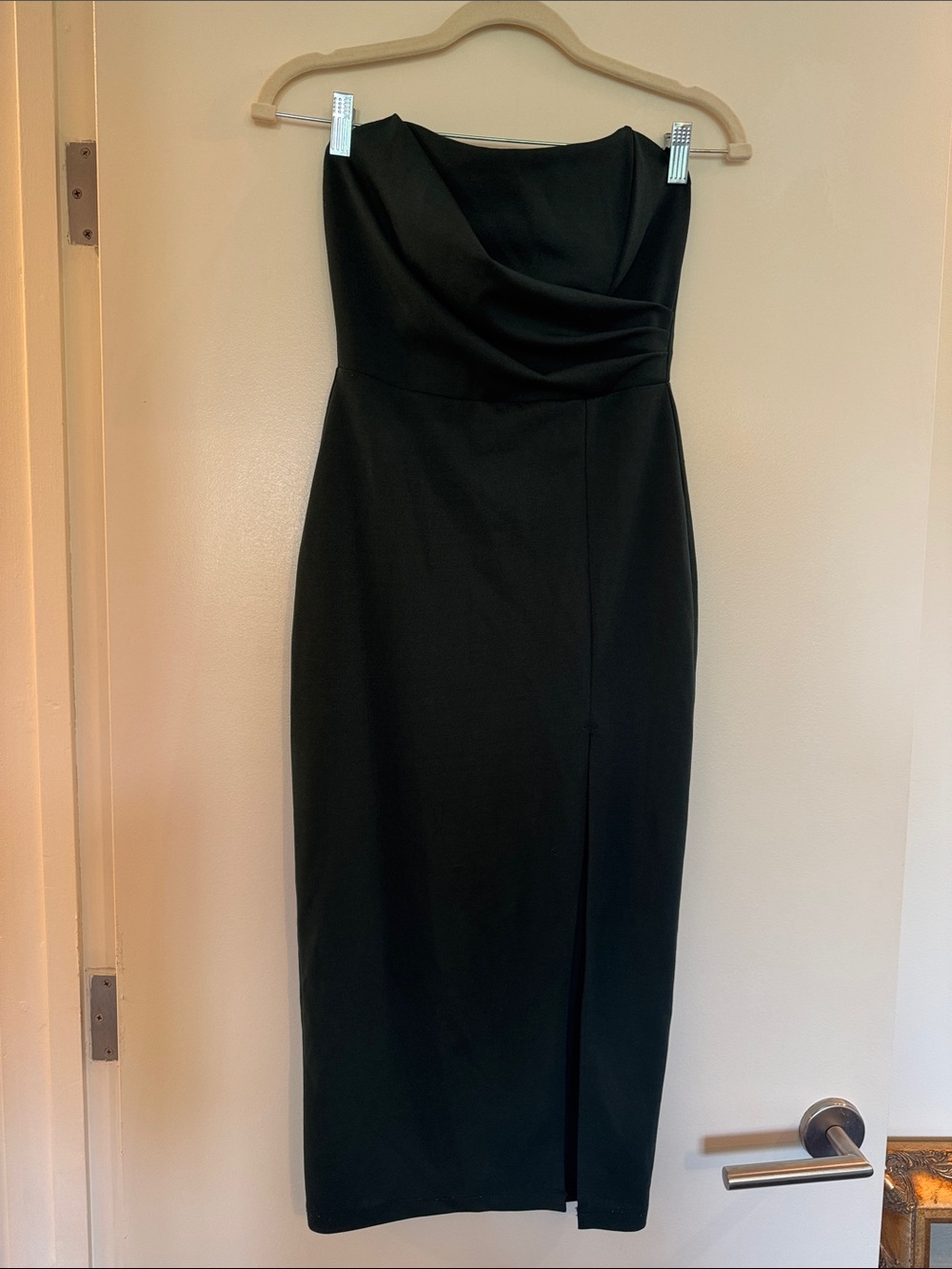 Windsor Strapless Dark Green Midi Dress with Draped Sweetheart and slit